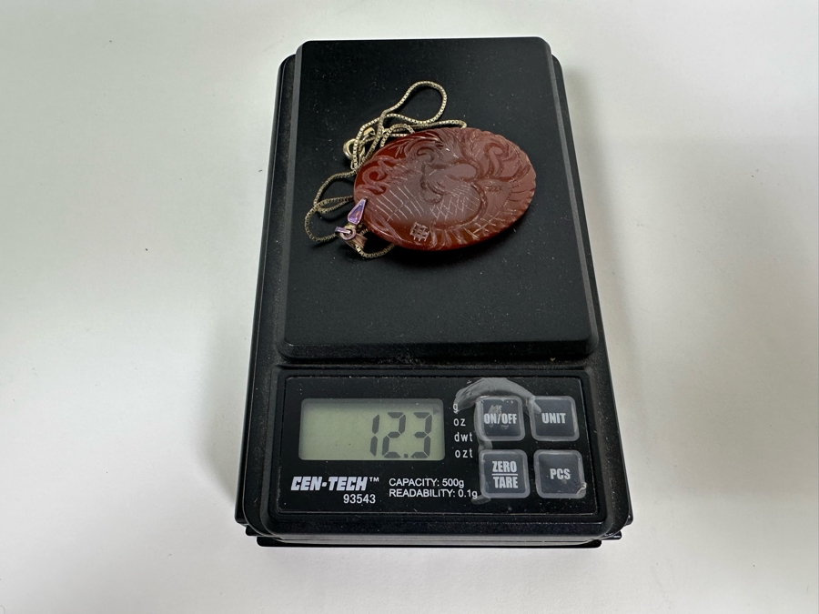 Vintage Signed Chinese Carved Agate Pendant With Sterling Silver 18' Necklace 12.3g [Photo 13]