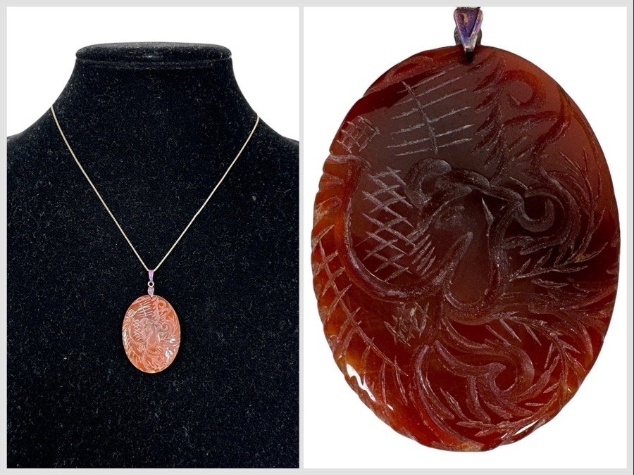 Vintage Signed Chinese Carved Agate Pendant With Sterling Silver 18' Necklace 12.3g [Photo 1]