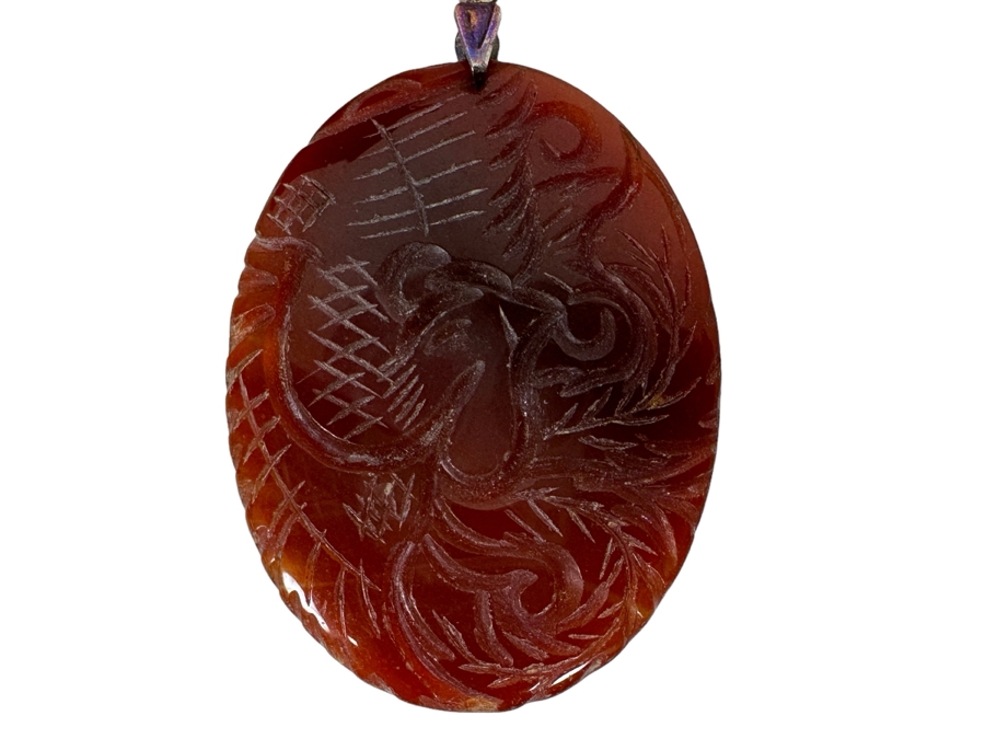Vintage Signed Chinese Carved Agate Pendant With Sterling Silver 18' Necklace 12.3g [Photo 2]