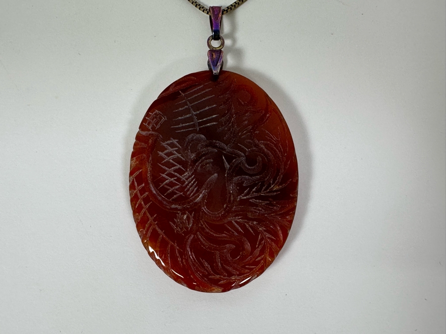Vintage Signed Chinese Carved Agate Pendant With Sterling Silver 18' Necklace 12.3g [Photo 5]