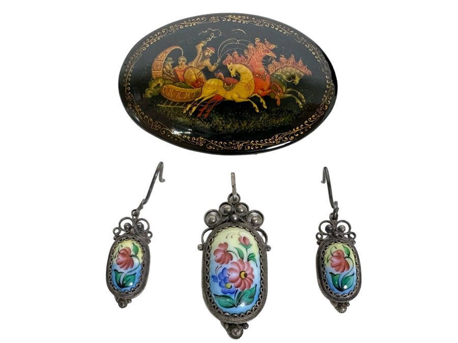 Vintage Russian Jewelry: Hand Painted Signed Russian Lacquer Pin Brooch And Pendant With Matching Earrings