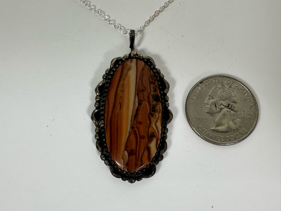 Vintage Signed Sterling Silver Cabochon Stone Pendant With 20' Sterling Silver Necklace 13.7g Signed DLH [Photo 11]