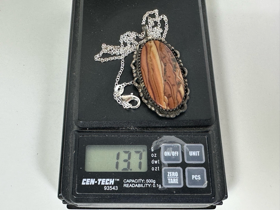 Vintage Signed Sterling Silver Cabochon Stone Pendant With 20' Sterling Silver Necklace 13.7g Signed DLH [Photo 13]