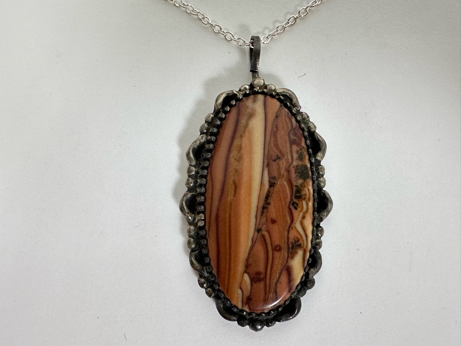 Vintage Signed Sterling Silver Cabochon Stone Pendant With 20' Sterling Silver Necklace 13.7g Signed DLH [Photo 6]