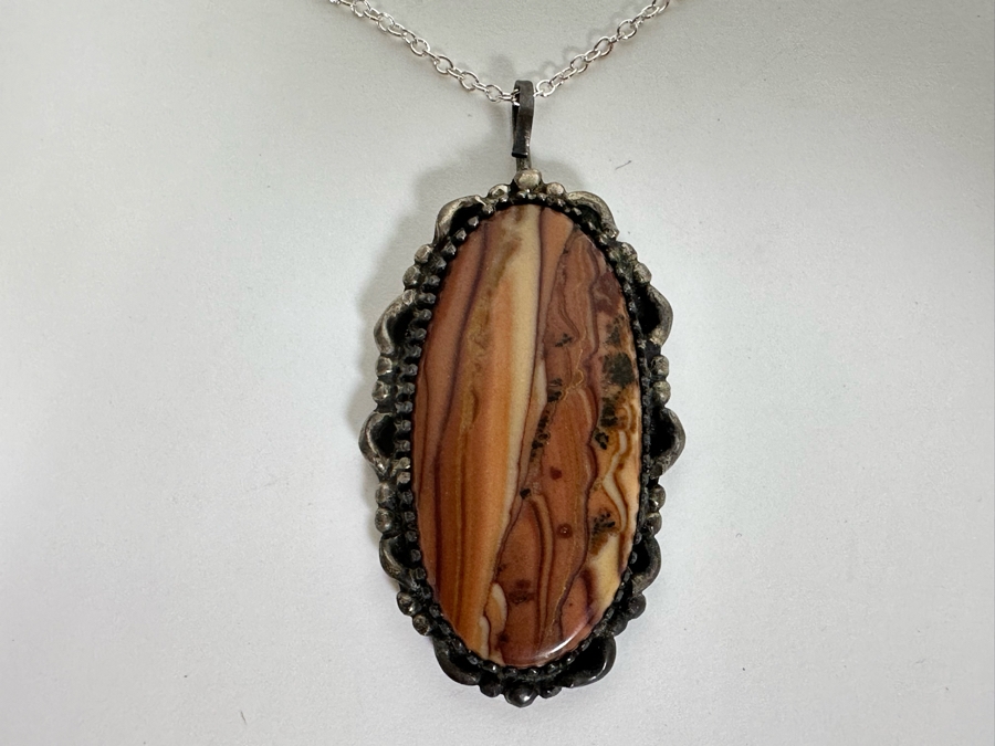 Vintage Signed Sterling Silver Cabochon Stone Pendant With 20' Sterling Silver Necklace 13.7g Signed DLH [Photo 7]