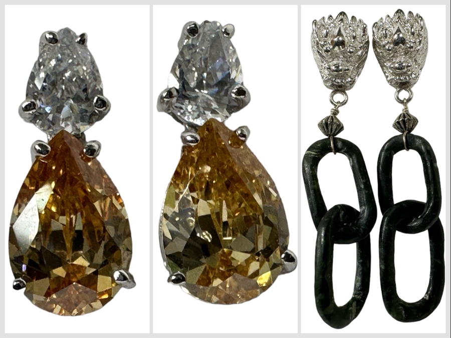 Two Pairs Of Sterling Silver Earrings Including Dragons With Carved Green Stone Hoops - See Photos 14.5g