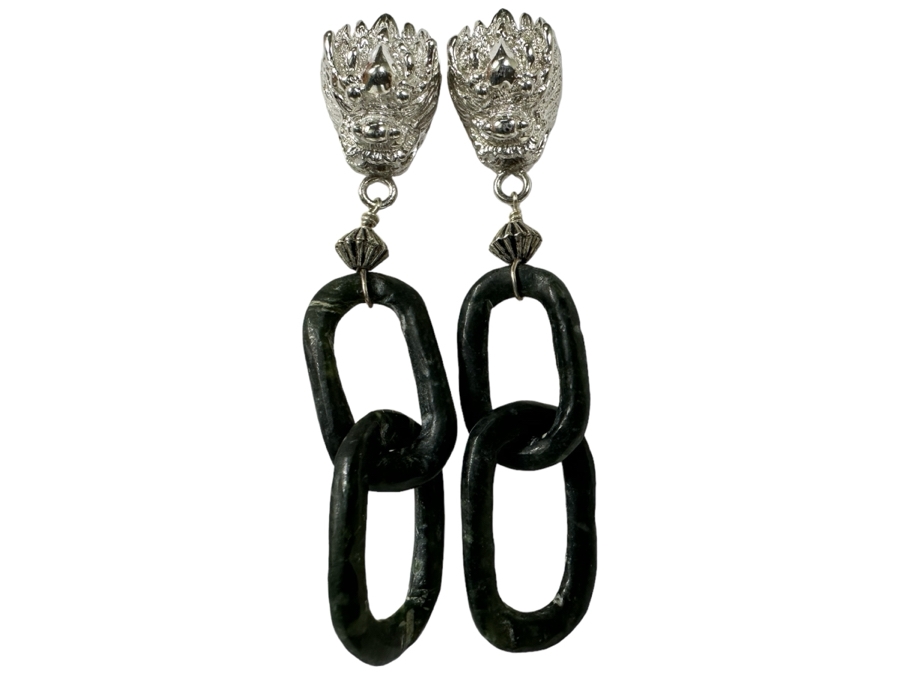 Two Pairs Of Sterling Silver Earrings Including Dragons With Carved Green Stone Hoops - See Photos 14.5g [Photo 3]