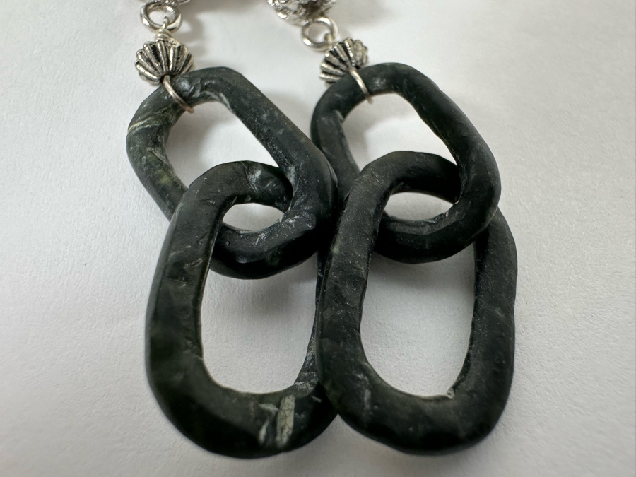 Two Pairs Of Sterling Silver Earrings Including Dragons With Carved Green Stone Hoops - See Photos 14.5g [Photo 5]