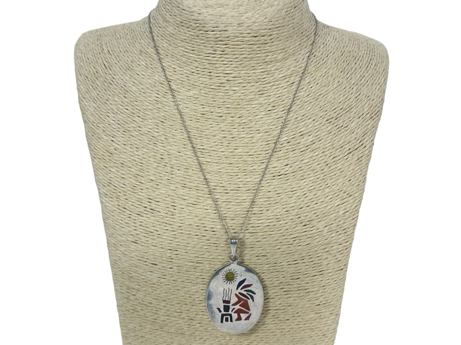 Sterling Silver Inlaid Pendant And 18' Sterling Silver Necklace 16.7g [Photo 3]