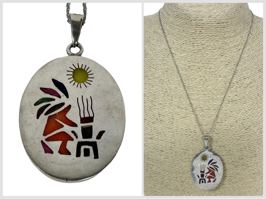 Sterling Silver Inlaid Pendant And 18' Sterling Silver Necklace 16.7g [Photo 1]