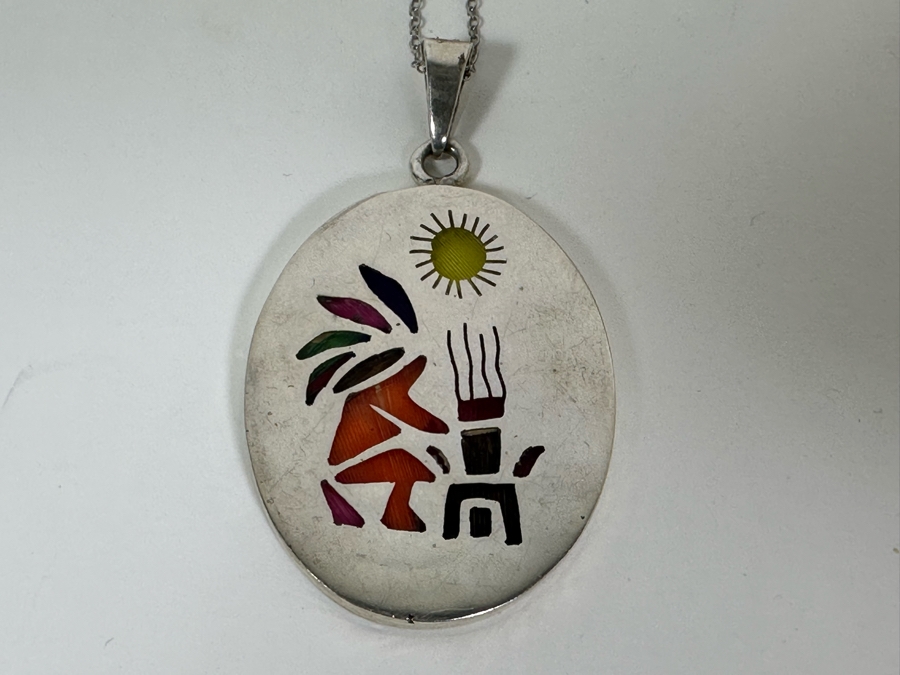 Sterling Silver Inlaid Pendant And 18' Sterling Silver Necklace 16.7g [Photo 6]