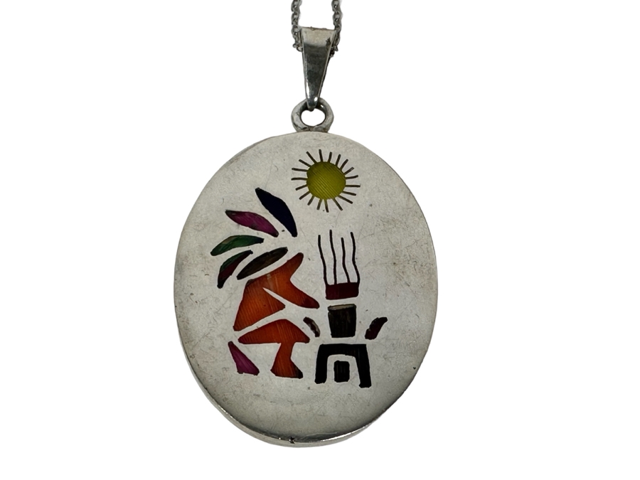 Sterling Silver Inlaid Pendant And 18' Sterling Silver Necklace 16.7g [Photo 2]