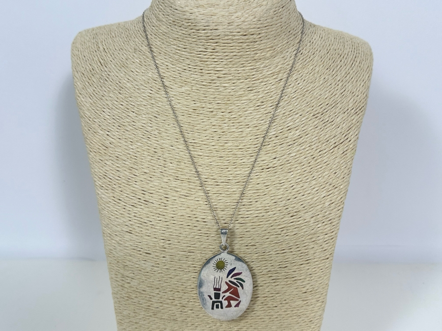 Sterling Silver Inlaid Pendant And 18' Sterling Silver Necklace 16.7g [Photo 4]