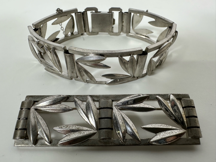 Sterling Silver Signed K&B 7' Bracelet With Matching Sterling Silver Brooch Pendant 51.3g [Photo 2]