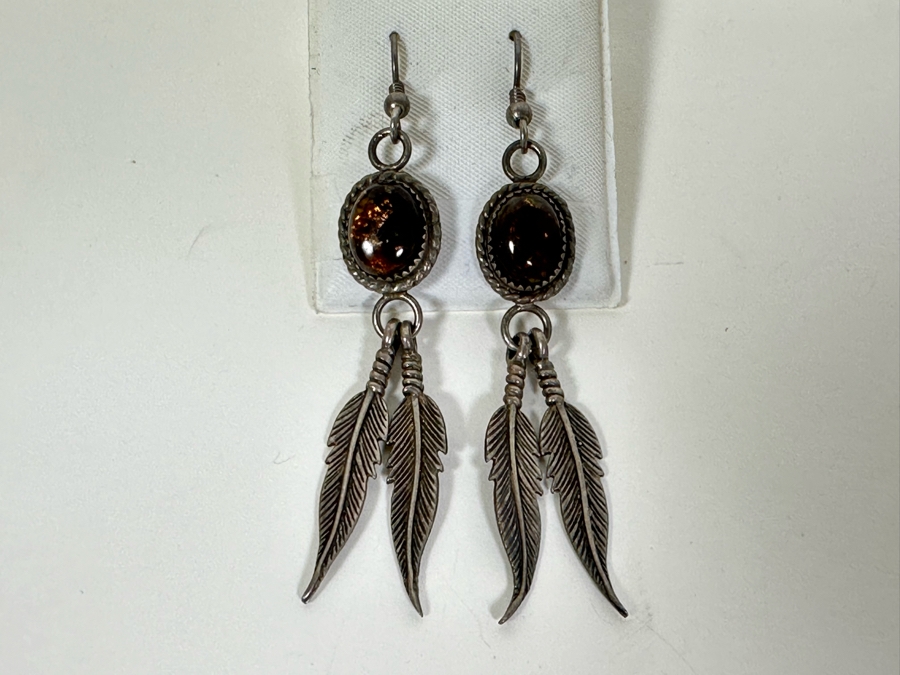 Vintage Signed Sterling Silver Amber Earrings 9.7g [Photo 4]
