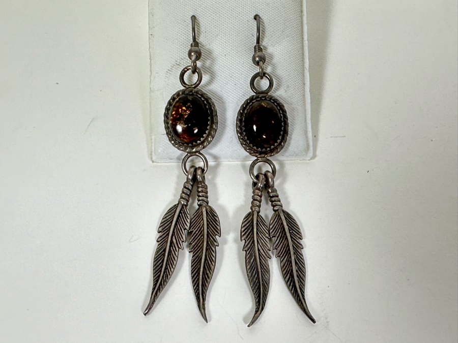 Vintage Signed Sterling Silver Amber Earrings 9.7g [Photo 5]