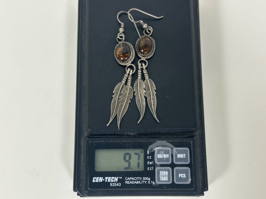 Vintage Signed Sterling Silver Amber Earrings 9.7g [Photo 9]