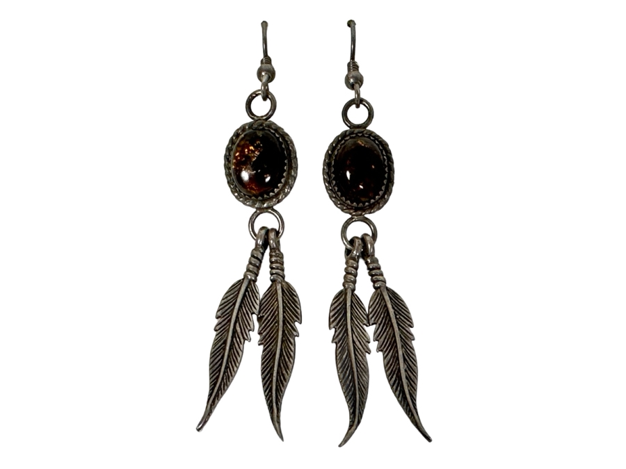 Vintage Signed Sterling Silver Amber Earrings 9.7g [Photo 2]