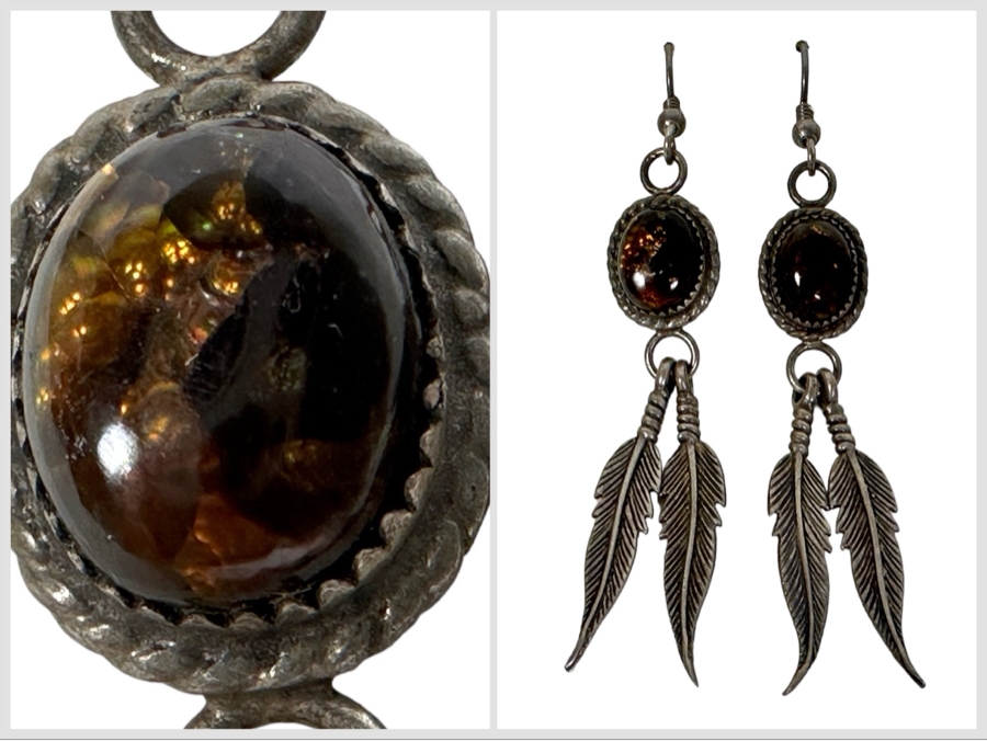 Vintage Signed Sterling Silver Amber Earrings 9.7g [Photo 1]