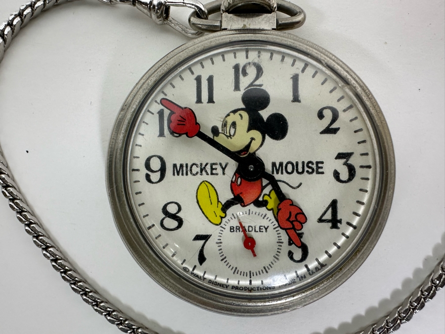 Vintage Walt Disney Mickey Mouse Bradley Pocket Watch With Fob Working [Photo 5]