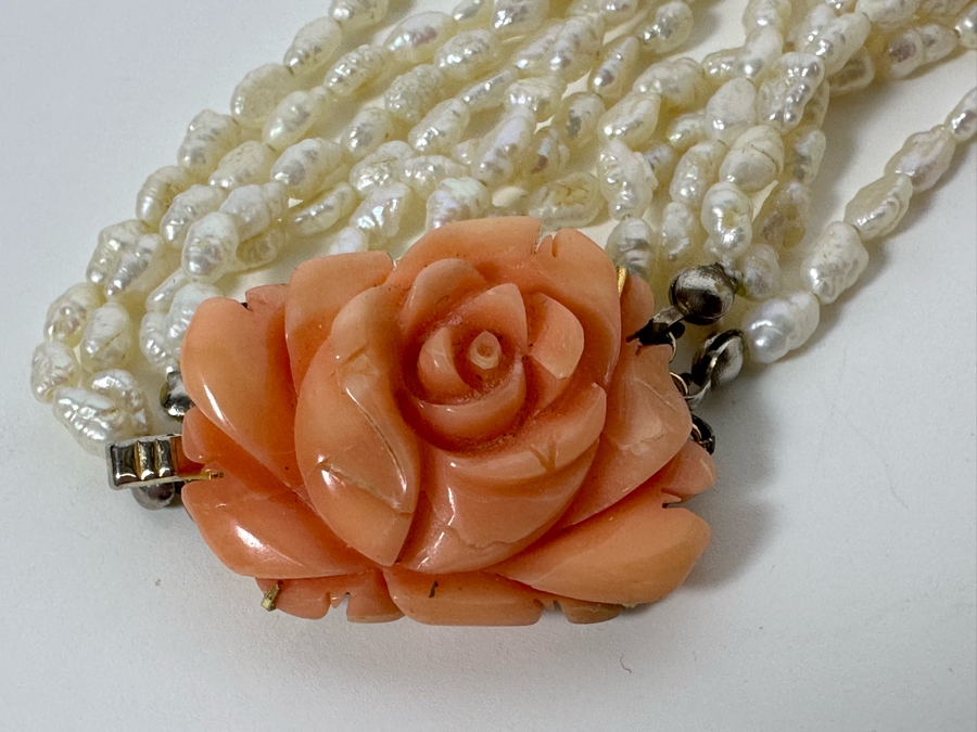 Vintage Multi-Strand 16' Pearl Necklace With Carved Coral Clasp [Photo 6]