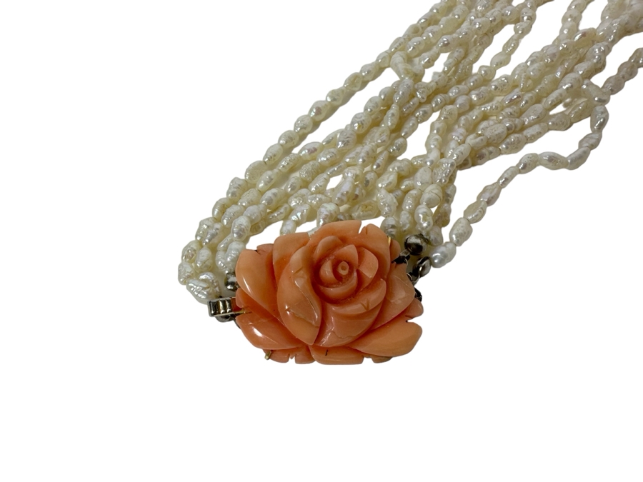 Vintage Multi-Strand 16' Pearl Necklace With Carved Coral Clasp [Photo 3]