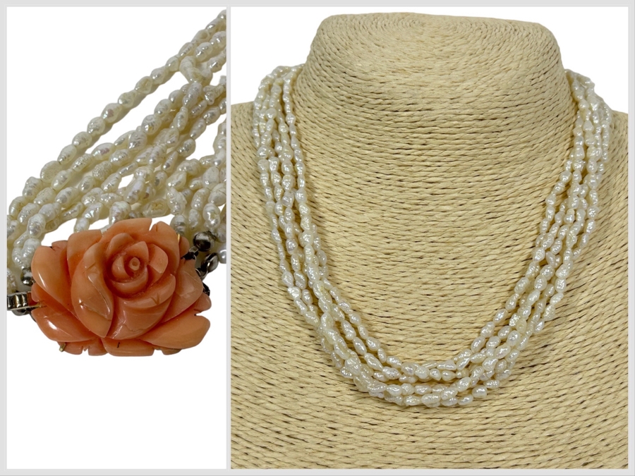 Vintage Multi-Strand 16' Pearl Necklace With Carved Coral Clasp [Photo 1]