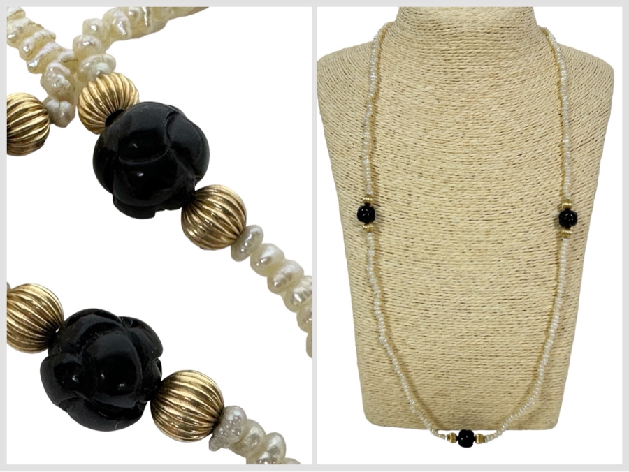 Vintage Pearl 29' Necklace With 14K Gold & Carved Amethyst Beads 20.5g [Photo 1]