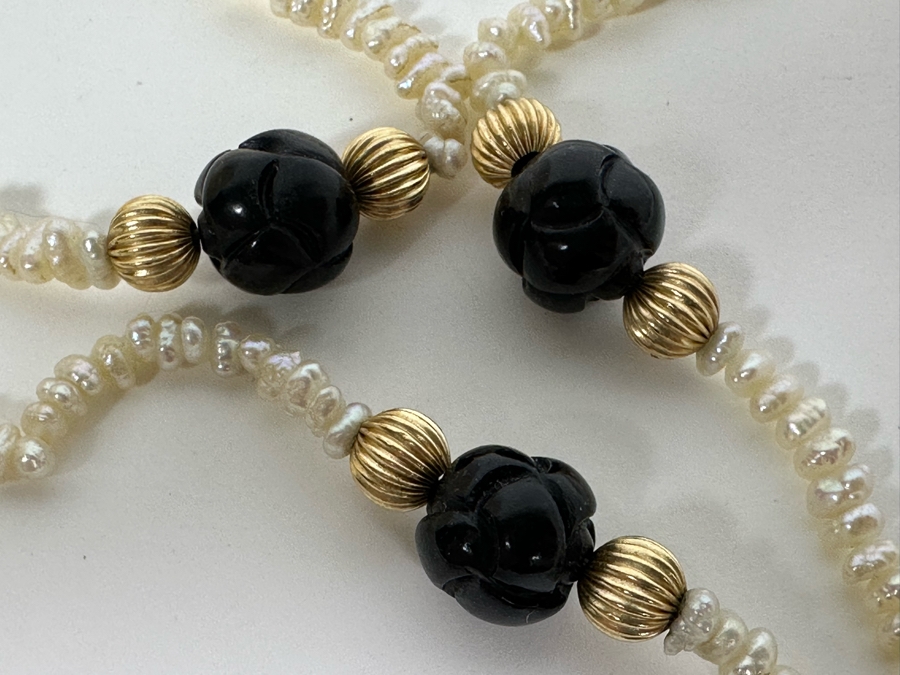 Vintage Pearl 29' Necklace With 14K Gold & Carved Amethyst Beads 20.5g [Photo 7]