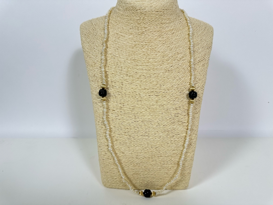 Vintage Pearl 29' Necklace With 14K Gold & Carved Amethyst Beads 20.5g [Photo 4]