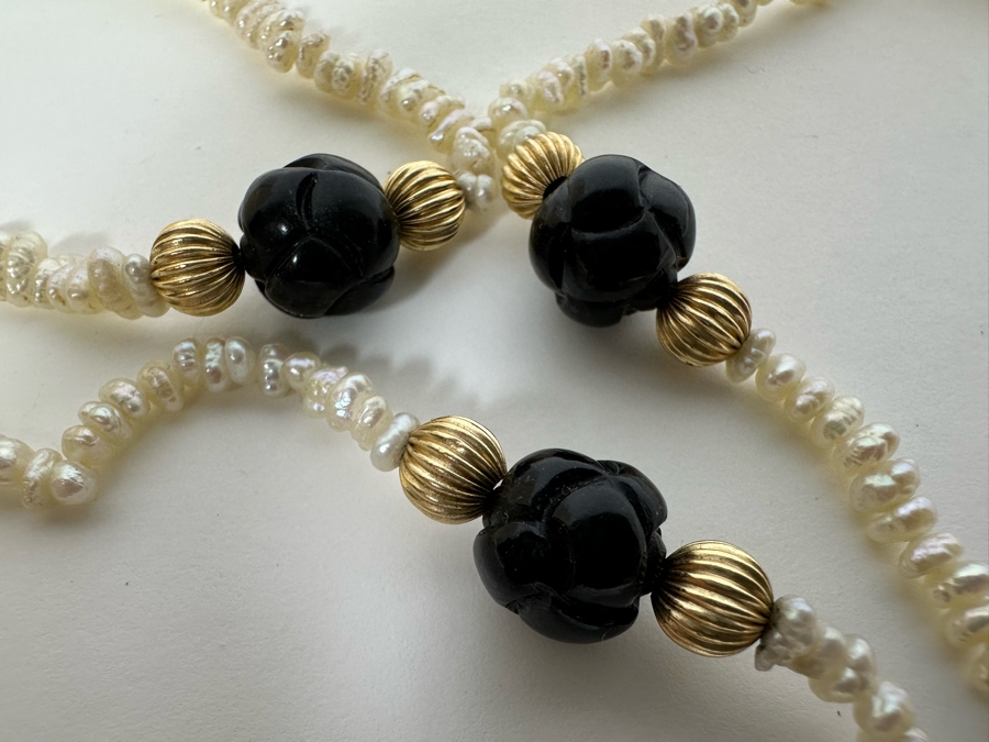 Vintage Pearl 29' Necklace With 14K Gold & Carved Amethyst Beads 20.5g [Photo 6]