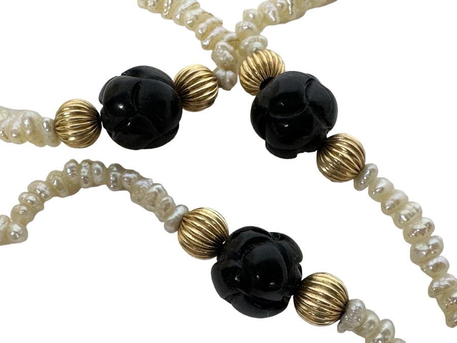 Vintage Pearl 29' Necklace With 14K Gold & Carved Amethyst Beads 20.5g [Photo 3]