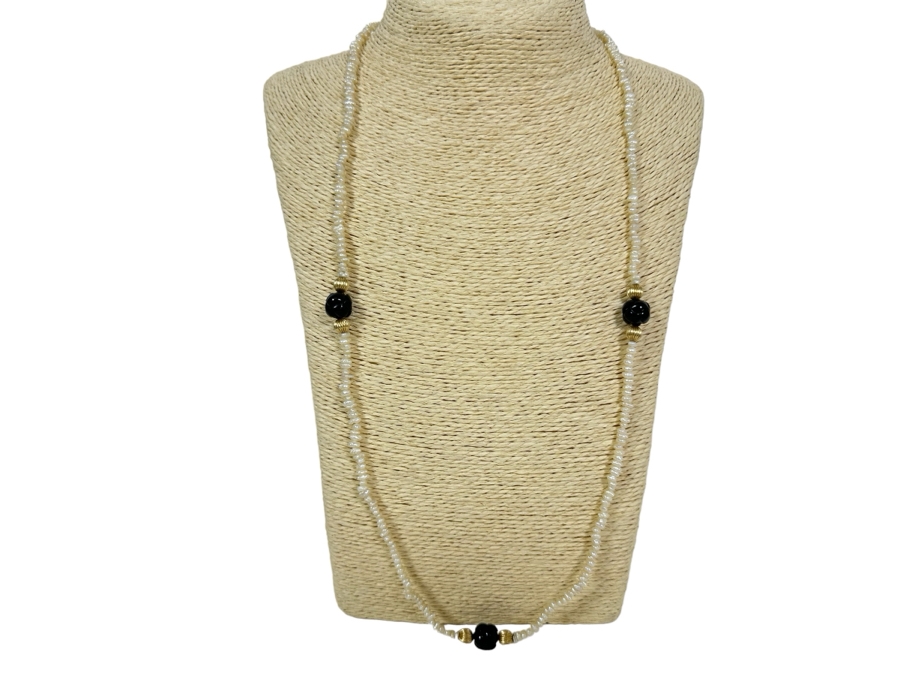 Vintage Pearl 29' Necklace With 14K Gold & Carved Amethyst Beads 20.5g [Photo 2]