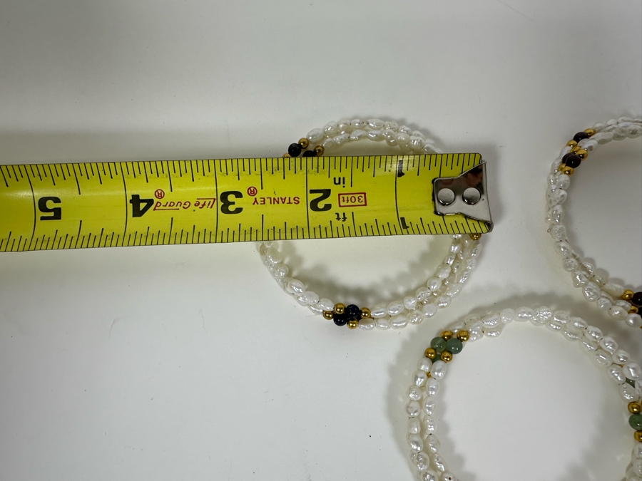 (3) Triple Pearl Bracelets With 14K Gold & Gemstone Beads Of Lapis Lazuli, Aventurine & Garnets 2.5W 32g [Photo 7]