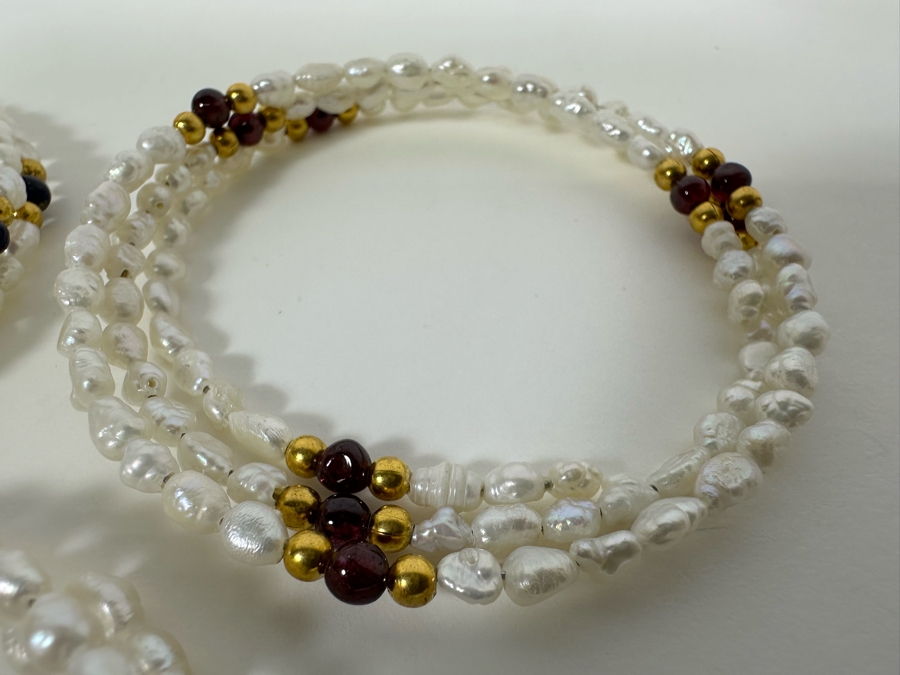 (3) Triple Pearl Bracelets With 14K Gold & Gemstone Beads Of Lapis Lazuli, Aventurine & Garnets 2.5W 32g [Photo 4]