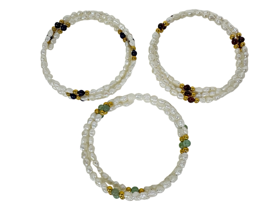(3) Triple Pearl Bracelets With 14K Gold & Gemstone Beads Of Lapis Lazuli, Aventurine & Garnets 2.5W 32g [Photo 1]