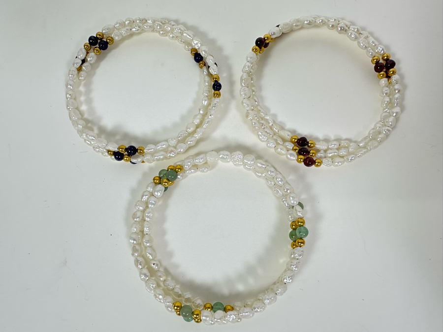 (3) Triple Pearl Bracelets With 14K Gold & Gemstone Beads Of Lapis Lazuli, Aventurine & Garnets 2.5W 32g [Photo 2]