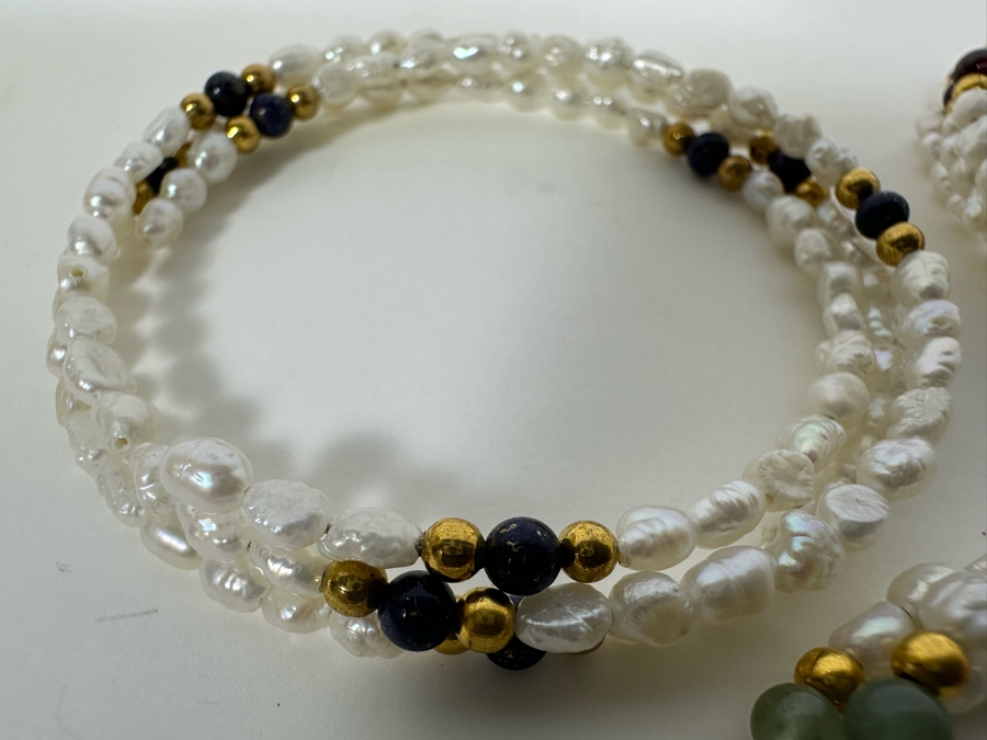 (3) Triple Pearl Bracelets With 14K Gold & Gemstone Beads Of Lapis Lazuli, Aventurine & Garnets 2.5W 32g [Photo 5]
