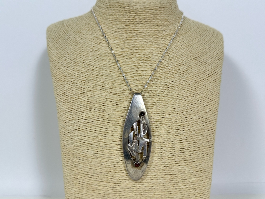 Mid-Century Modern Sterling Silver Slider Pendant With Two Cabochon Garnets And Sterling Silver 16' Necklace 24.1g [Photo 4]