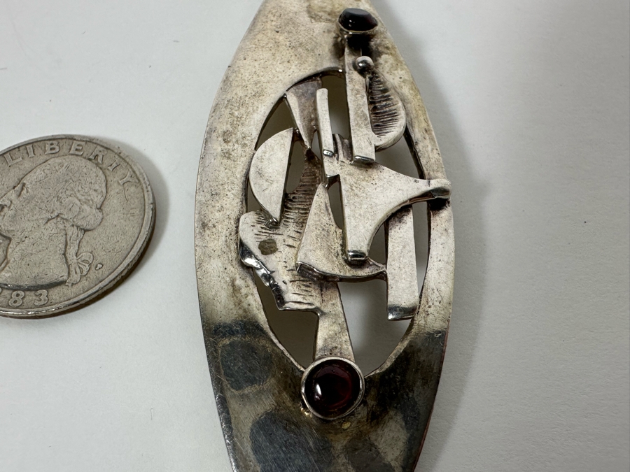 Mid-Century Modern Sterling Silver Slider Pendant With Two Cabochon Garnets And Sterling Silver 16' Necklace 24.1g [Photo 9]