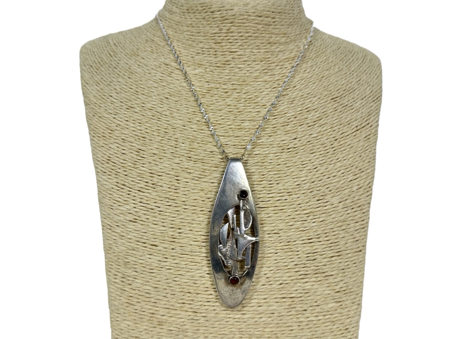 Mid-Century Modern Sterling Silver Slider Pendant With Two Cabochon Garnets And Sterling Silver 16' Necklace 24.1g [Photo 3]