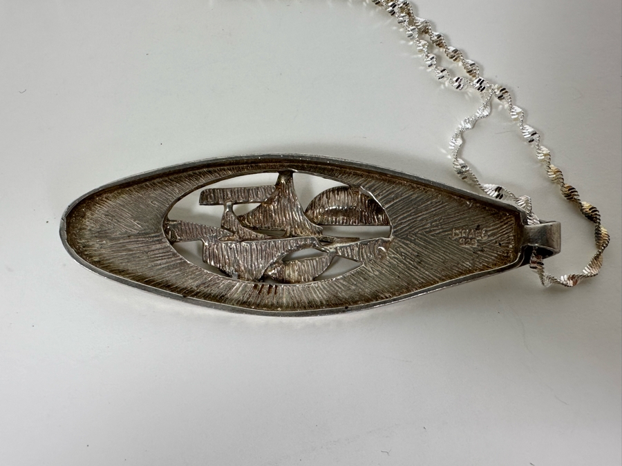 Mid-Century Modern Sterling Silver Slider Pendant With Two Cabochon Garnets And Sterling Silver 16' Necklace 24.1g [Photo 10]