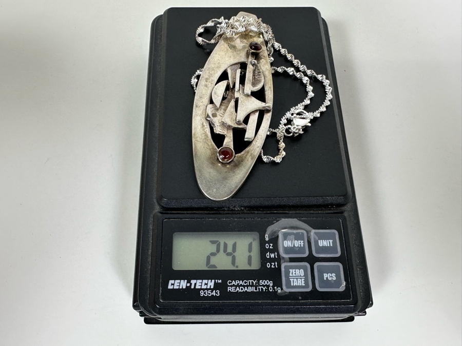 Mid-Century Modern Sterling Silver Slider Pendant With Two Cabochon Garnets And Sterling Silver 16' Necklace 24.1g [Photo 13]