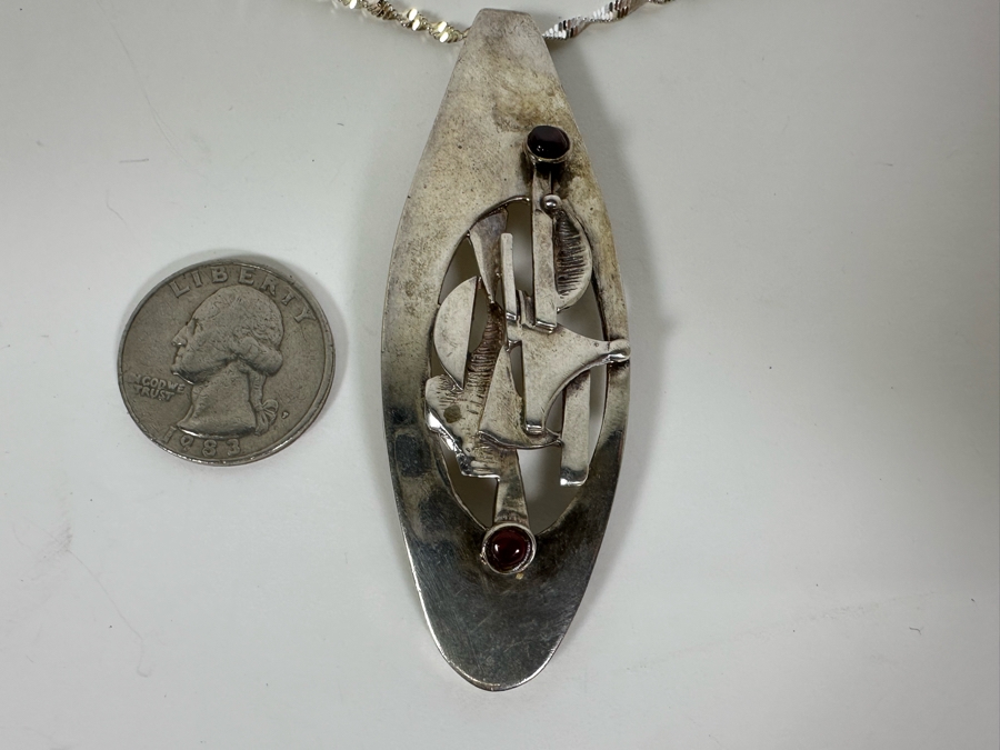 Mid-Century Modern Sterling Silver Slider Pendant With Two Cabochon Garnets And Sterling Silver 16' Necklace 24.1g [Photo 7]