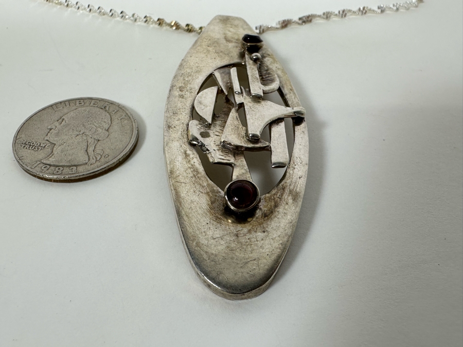 Mid-Century Modern Sterling Silver Slider Pendant With Two Cabochon Garnets And Sterling Silver 16' Necklace 24.1g [Photo 8]