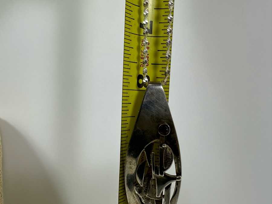 Mid-Century Modern Sterling Silver Slider Pendant With Two Cabochon Garnets And Sterling Silver 16' Necklace 24.1g [Photo 12]