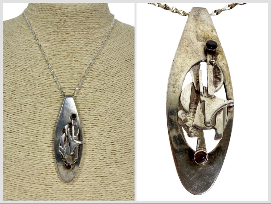 Mid-Century Modern Sterling Silver Slider Pendant With Two Cabochon Garnets And Sterling Silver 16' Necklace 24.1g [Photo 1]