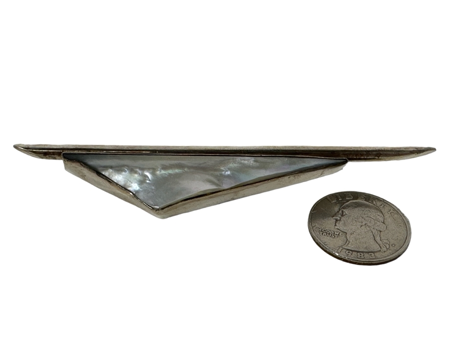 Mid-Century Modern Sterling Silver Mother Of Pearl Brooch Pin With European Touch Mark 4W 17.6g [Photo 1]