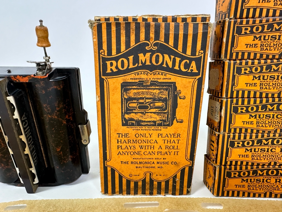 Vintage Rolmonica Player Harmonica With Original Box And 9 Music Rolls [Photo 5]