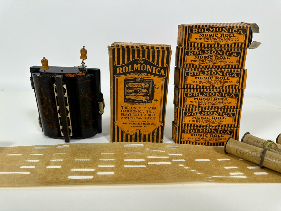 Vintage Rolmonica Player Harmonica With Original Box And 9 Music Rolls [Photo 4]